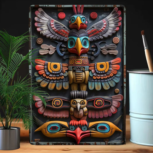 2D Native American Totem Metal Wall Art - Durable Moisture Resistant Sign, Ideal for Garden/Classroom/Studio Decor