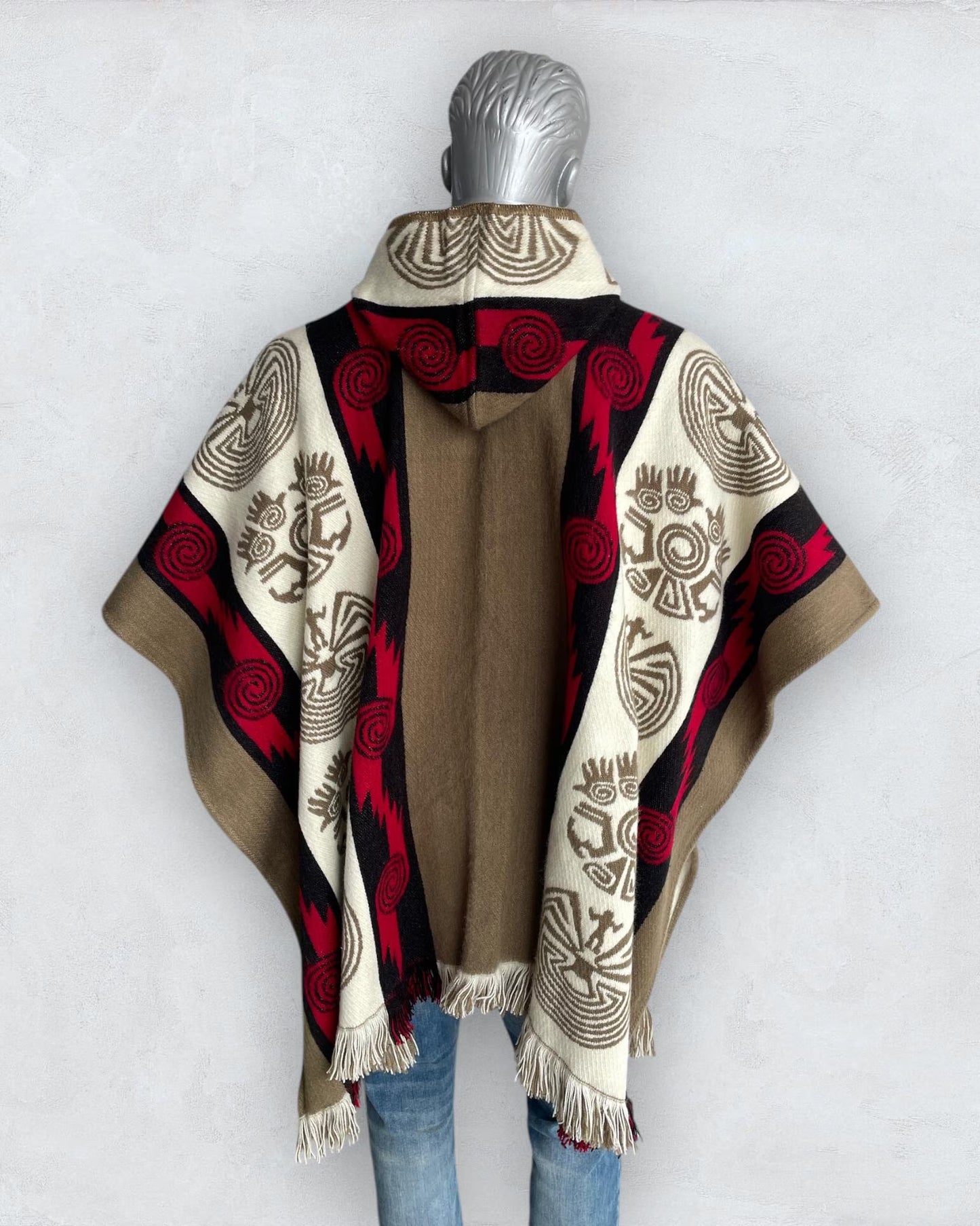 Alpaca Wool Poncho in Beige/Red. Navajo Southwestern Poncho Handcrafted by Indigenous Hands. Soft and Warm with Hood. One Size Unisex Use.