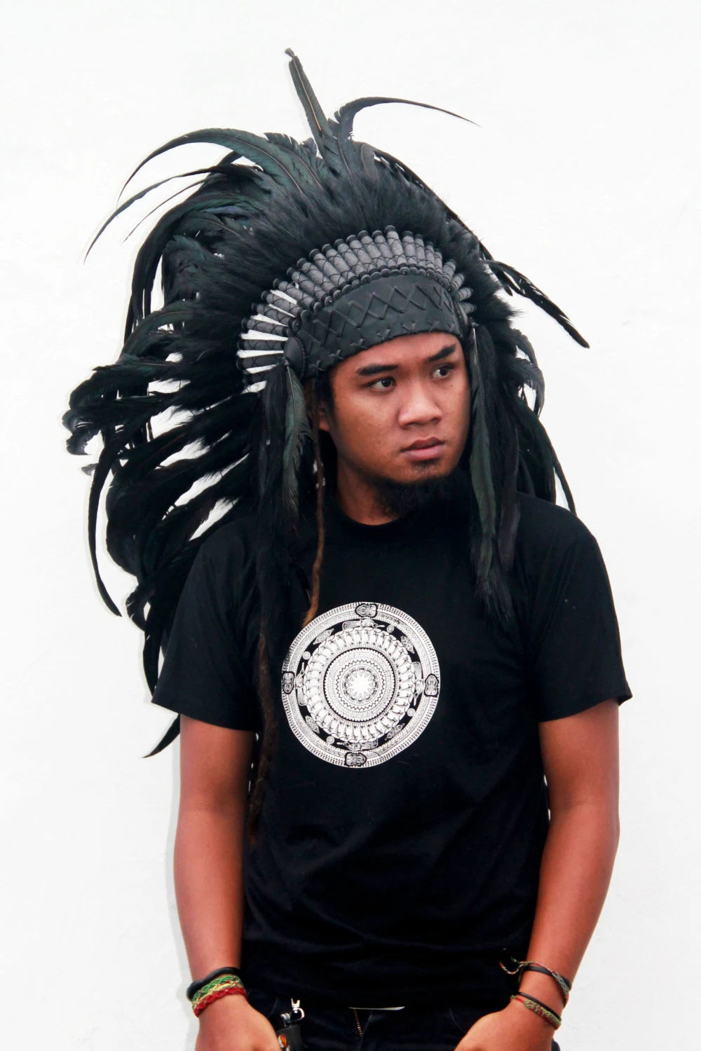 Black Feather Indian Headdress Replica Medium Lenght