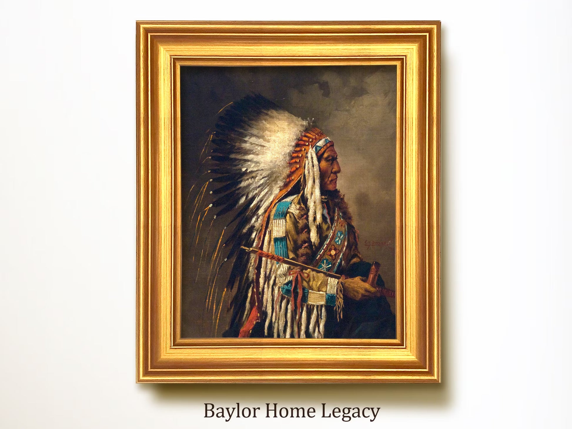 Framed Native American Oil Painting Print on Canvas, Indian Chief Canvas Art Print of Antique Painting, Framed Fine Art Native American Art