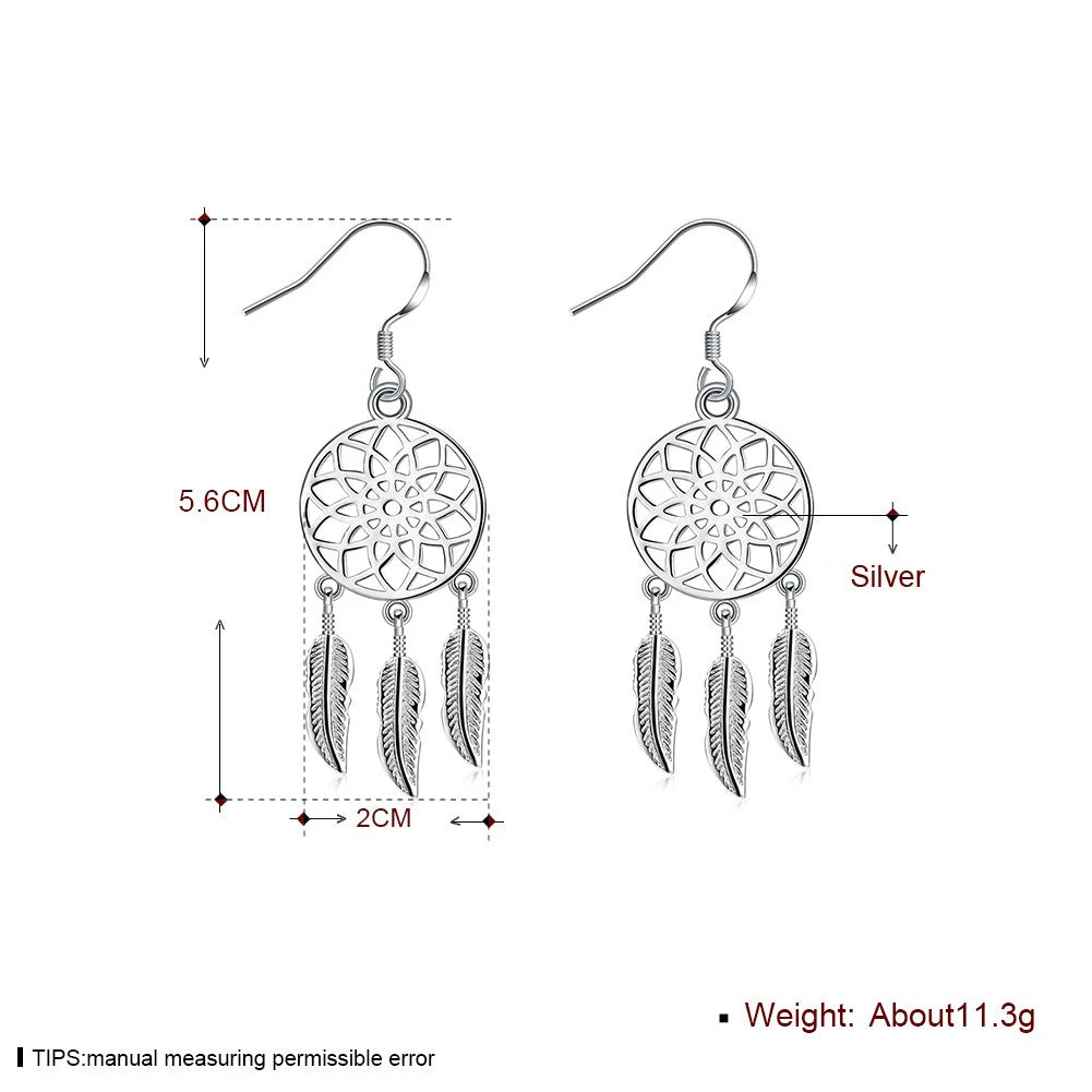 Hot High Quality 925 Sterling Silver Dream Catcher Feathers Earrings for Women Fashion Party Wedding Accessories Jewelry Gifts
