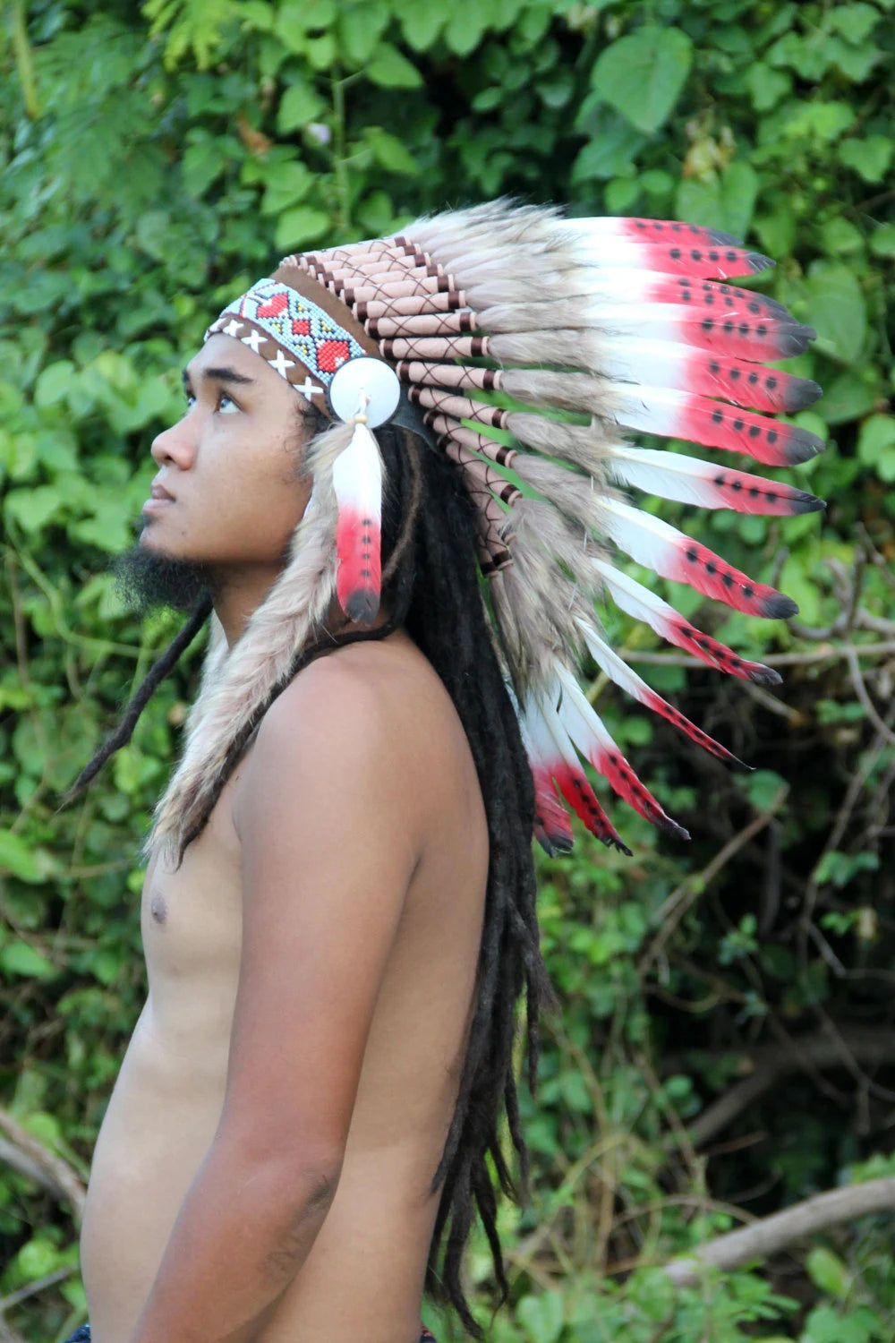 Indian Headdress Replica, White and Red Feathers Short Length