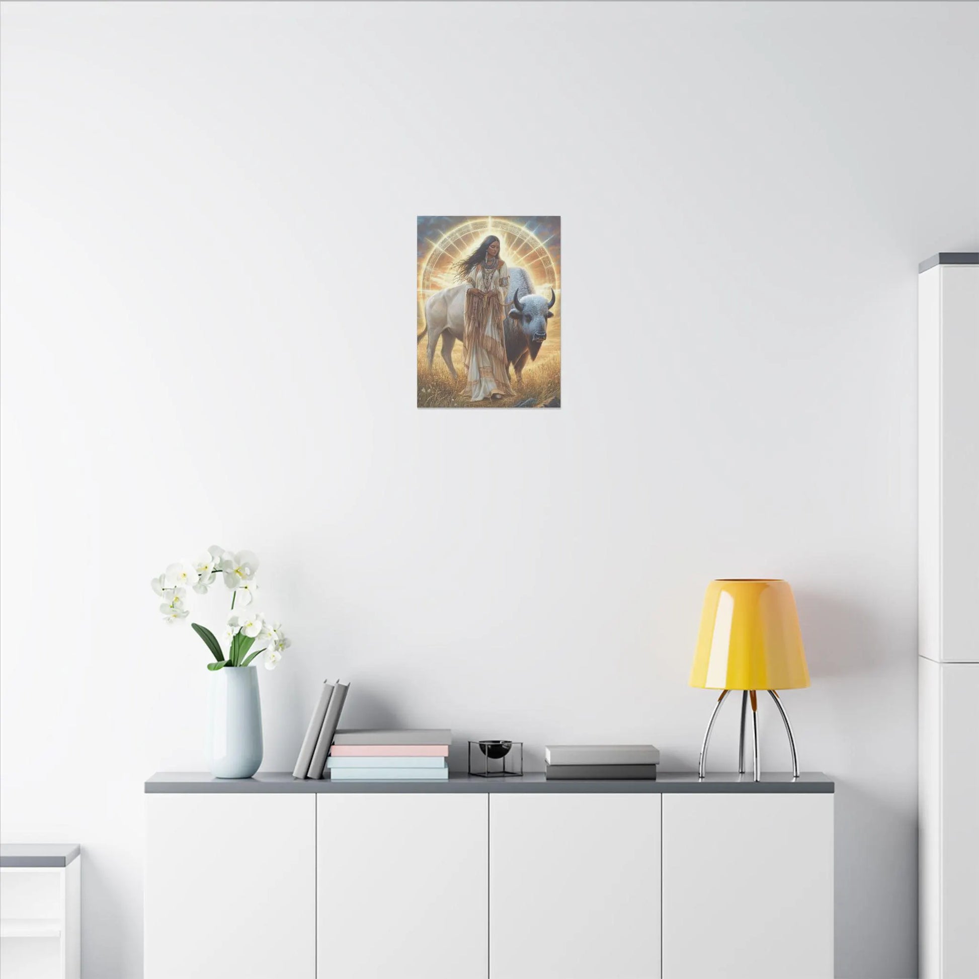 White Buffalo Calf Woman Golden Hour Canvas Wall Art, Sacred White Buffalo Artwork, 7 Sizes
