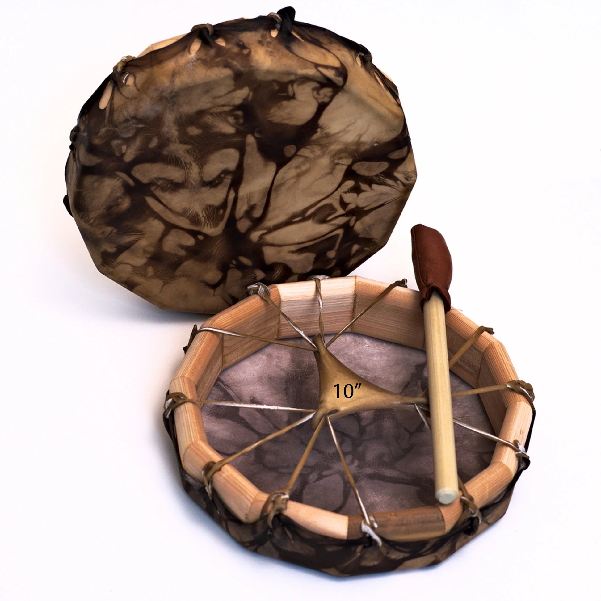 Round Shaman Frame Drum, Native American Style, Deer Skin Head, Leather Mallet, Sizes 10” 13” 16”