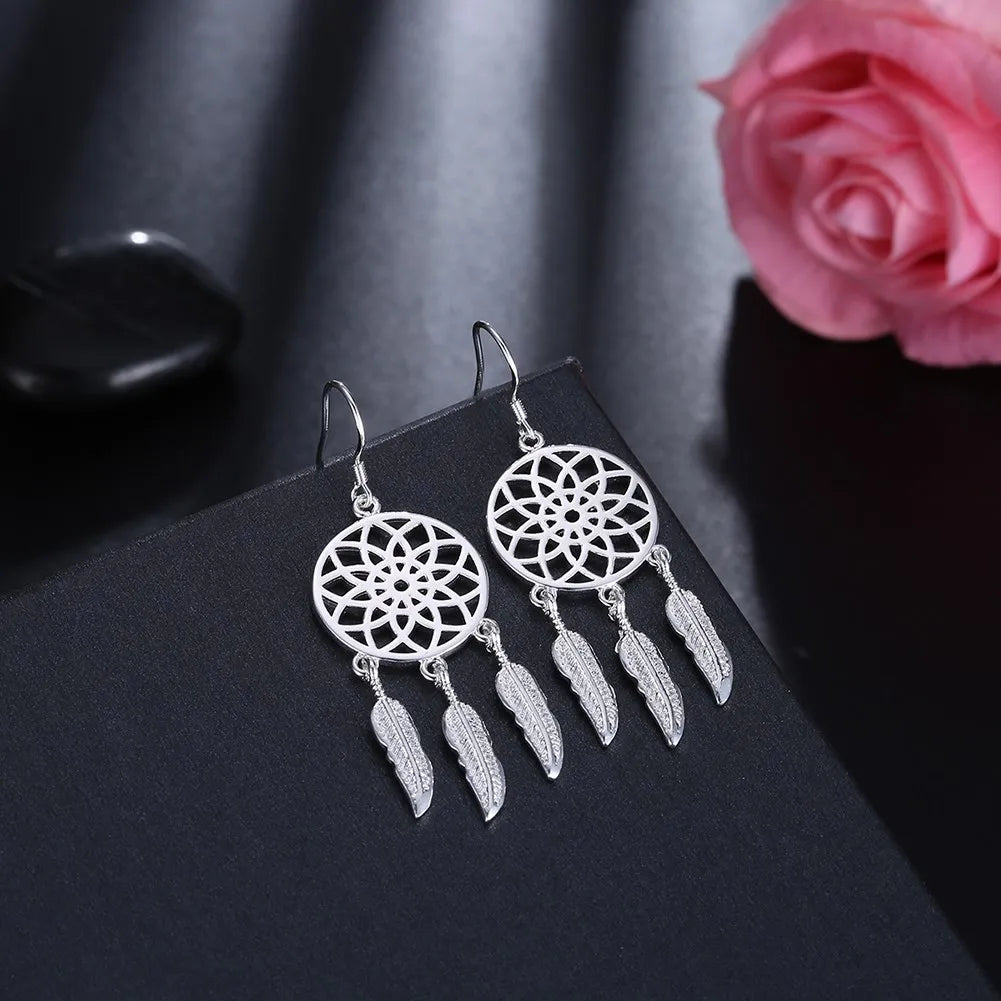 Hot High Quality 925 Sterling Silver Dream Catcher Feathers Earrings for Women Fashion Party Wedding Accessories Jewelry Gifts