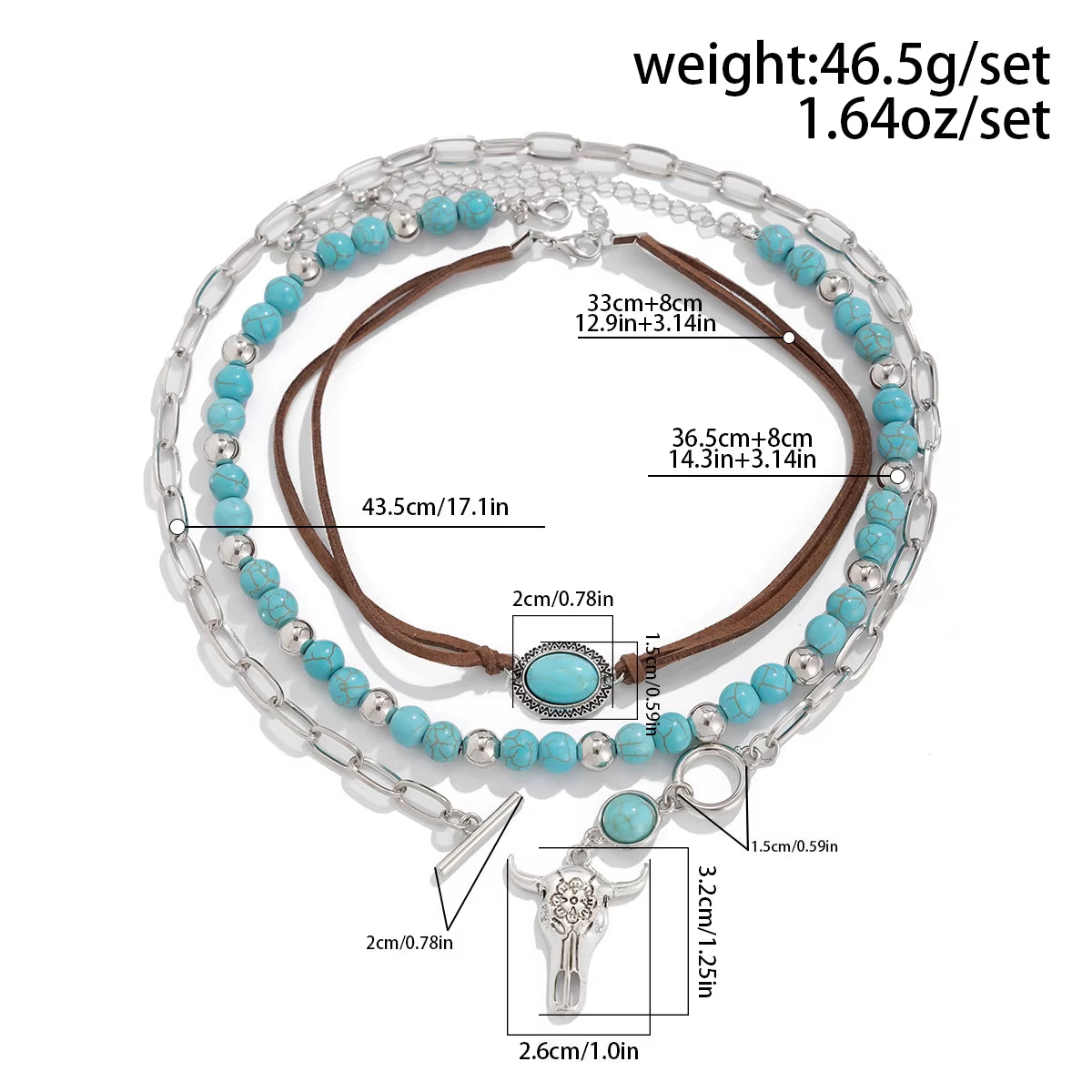 3Pcs Set Vintage Ethnic Style Bull Head Pendant Necklace for Women Exquisite Green Stone Beads Clavicle Chain Jewelry