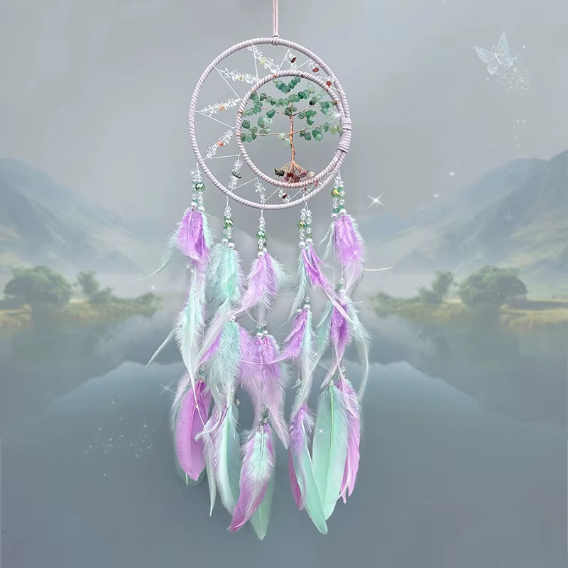 Dream Catcher Crystal Tree of Life Wind Chimes Nordic Hand-Woven Feathers Bedroom Hanging Ornaments Wall Decor Festival Gifts