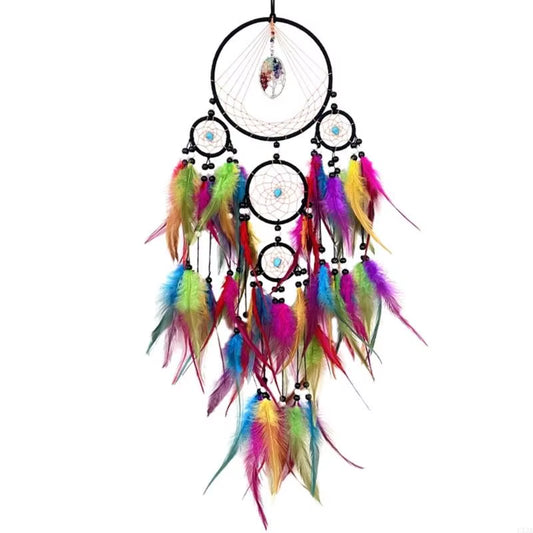 L43A Colorful Crystal Stone Woven Dreamcatchers Wall Art Handmade Feathered Tassels Wall Hanging Ornament for Home Decors