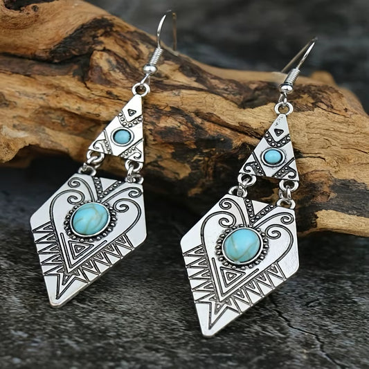 Vintage Bohemian Creative Geometric Rhombus Synthetic Turquoise Handmade Earrings, Alloy Female Wedding Couple Holiday Jewelry