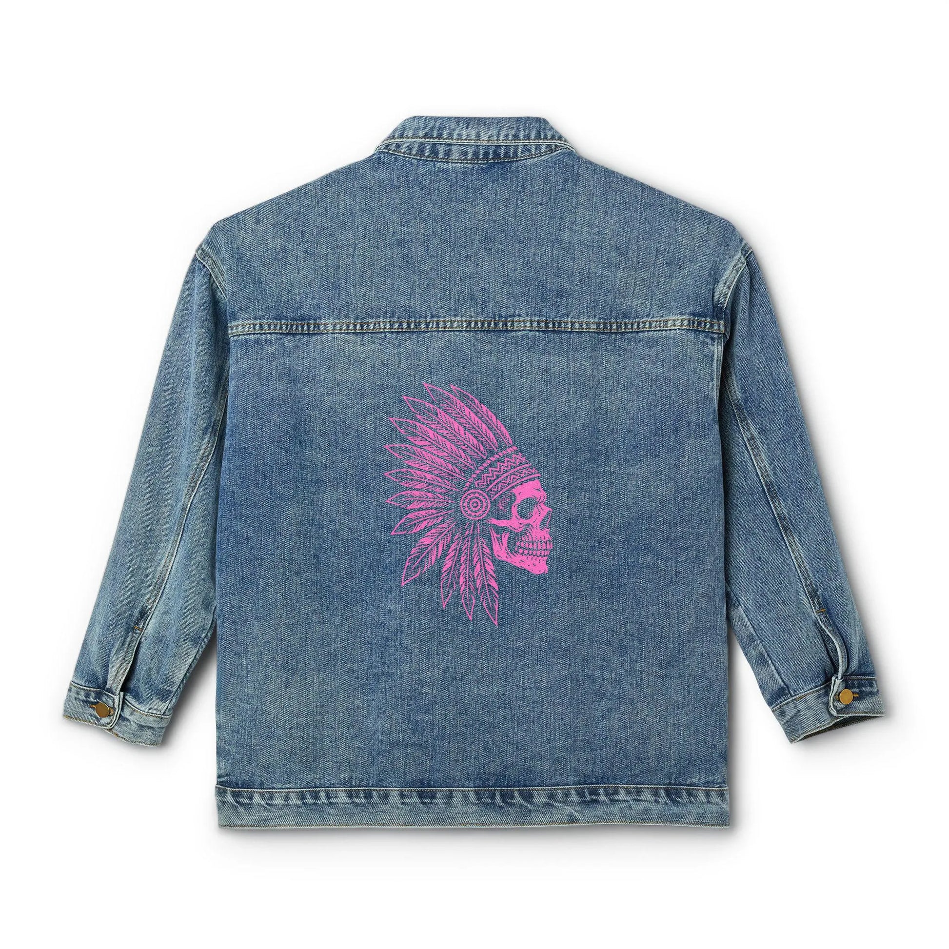 Denim Jacket: Native American Skull War Bonnet - Boho Festival Style