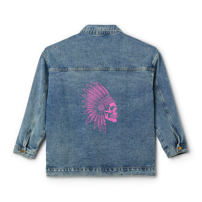 Denim Jacket: Native American Skull War Bonnet - Boho Festival Style