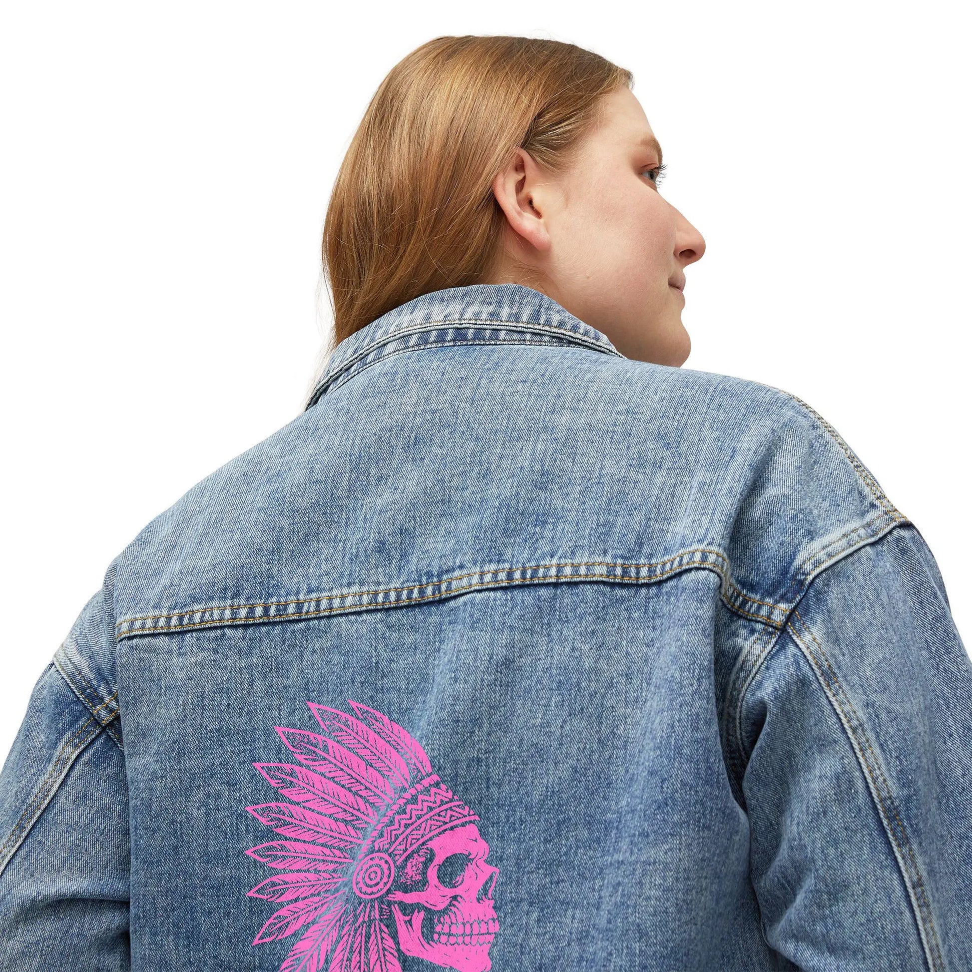 Denim Jacket: Native American Skull War Bonnet - Boho Festival Style