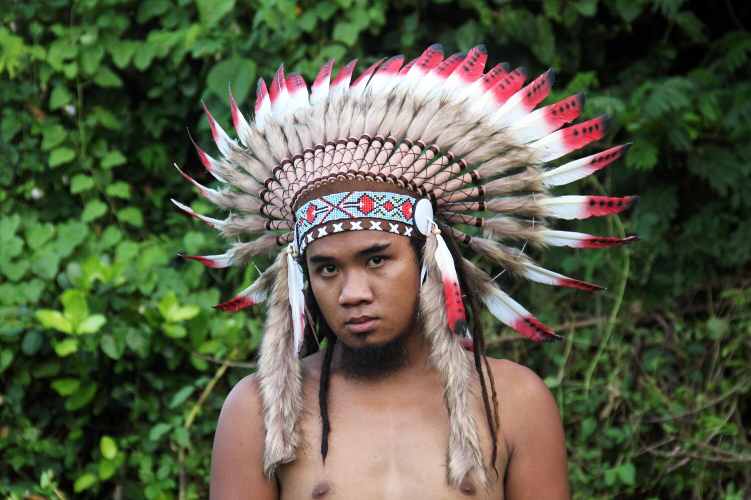 Indian Headdress Replica, White and Red Feathers Short Length