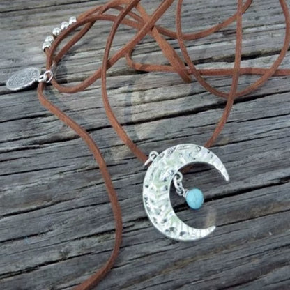 Boho Wrap Necklace Boho Choker Necklace Brown Turquoise Suede Necklace Crescent Moon Necklace