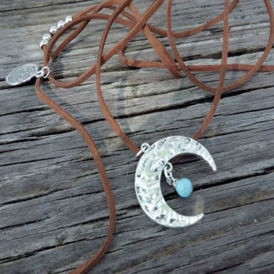 Boho Wrap Necklace Boho Choker Necklace Brown Turquoise Suede Necklace Crescent Moon Necklace
