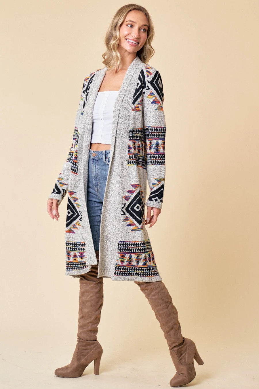 Boho Aztec Tribal Cowichan Southwestern Knit Long Cardigan Sweater Duster Coat Top Western Fall Winter Women'S Outerwear