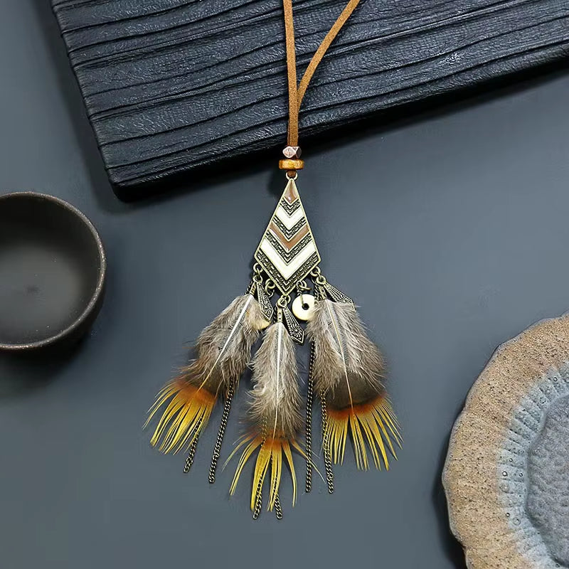 Women Bohemian Ethnic Long Chain Feather Dreamcatcher Skeleton Tassel Pendant Necklace Choker Boho Jewelry Accessories 2021 New
