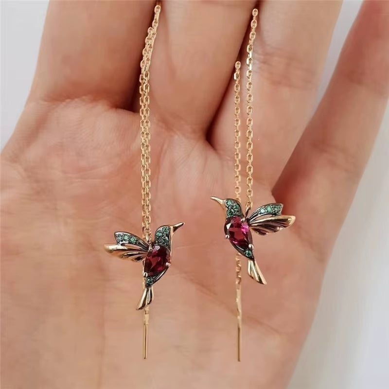 Women'S Dangle Earrings Fashionable Wing Spreading Zircon Hummingbird Long Pendant Earchain Lady Jewelry Fashionable Wing Spread