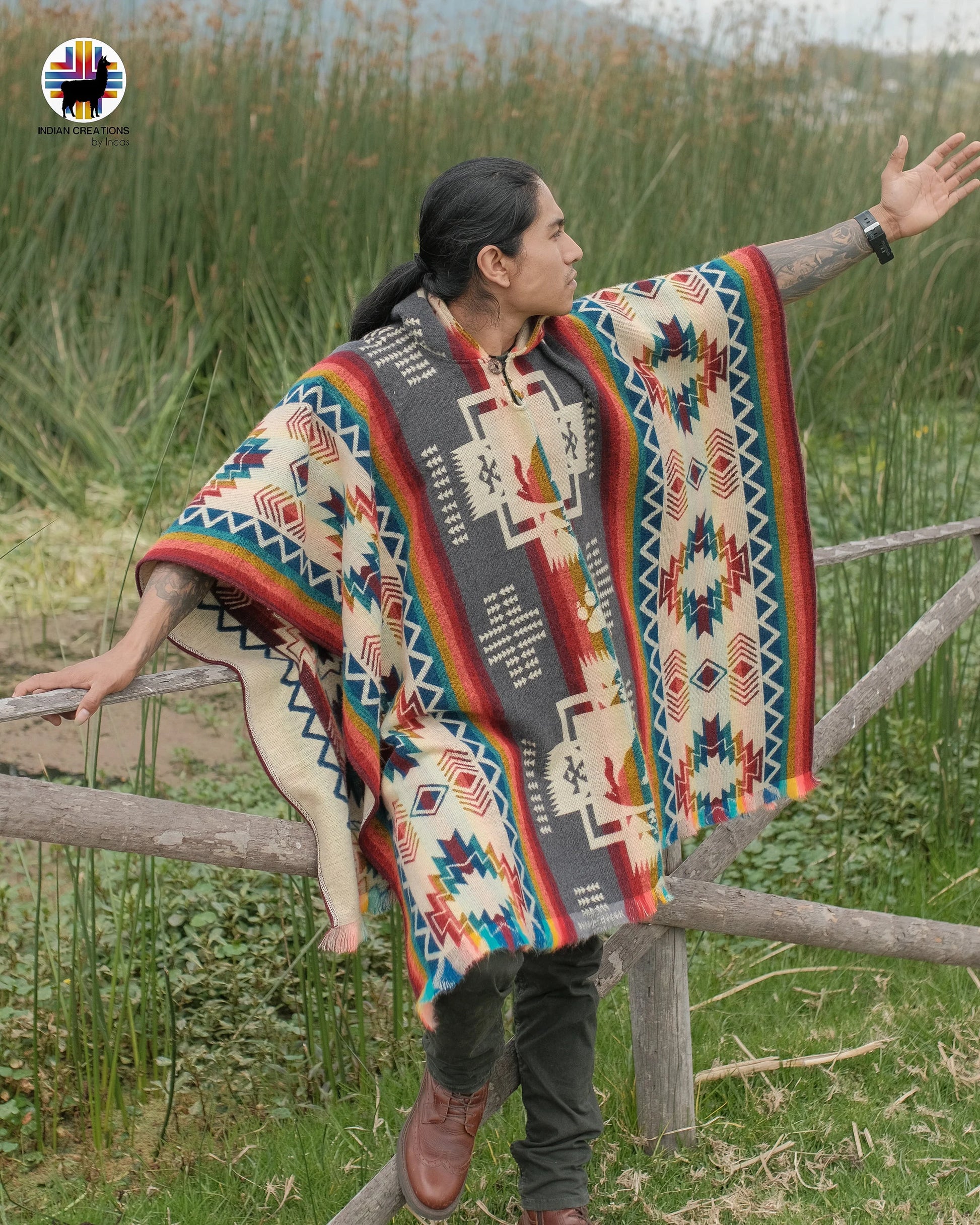 Unisex Alpaca Wool Poncho. (Gray Wolf Spirit) Exclusive Handcrafted by Indigenous Hands! Unisex. One Size. FREE SHIPPING! Gift Ideas.