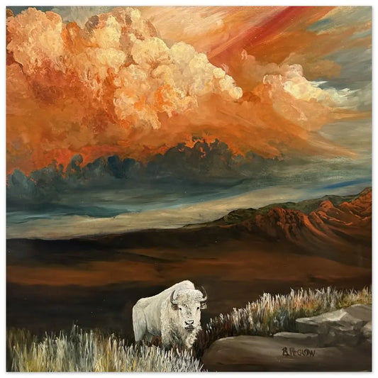 Original Oil Painting Print, Solitary White Buffalo Cresting Hill above the Prairie, Storm Clouds Burst over Mountains, Buffalo Roams Plains
