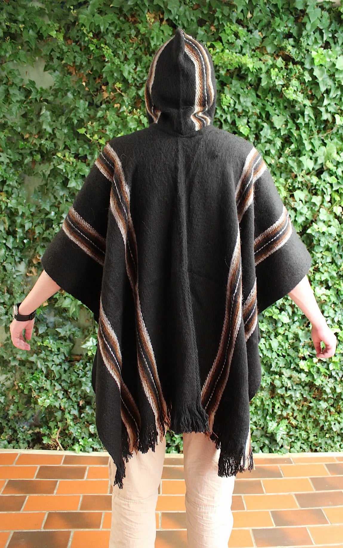 SALE 25% OFF* Men'S Alpaca Llama Wool Hooded Poncho Light and Warm in Natural Colors with Ethnic Andean Designs