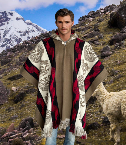 Alpaca Wool Poncho in Beige/Red. Navajo Southwestern Poncho Handcrafted by Indigenous Hands. Soft and Warm with Hood. One Size Unisex Use.