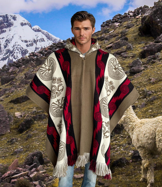 Alpaca Wool Poncho in Beige/Red. Navajo Southwestern Poncho Handcrafted by Indigenous Hands. Soft and Warm with Hood. One Size Unisex Use.