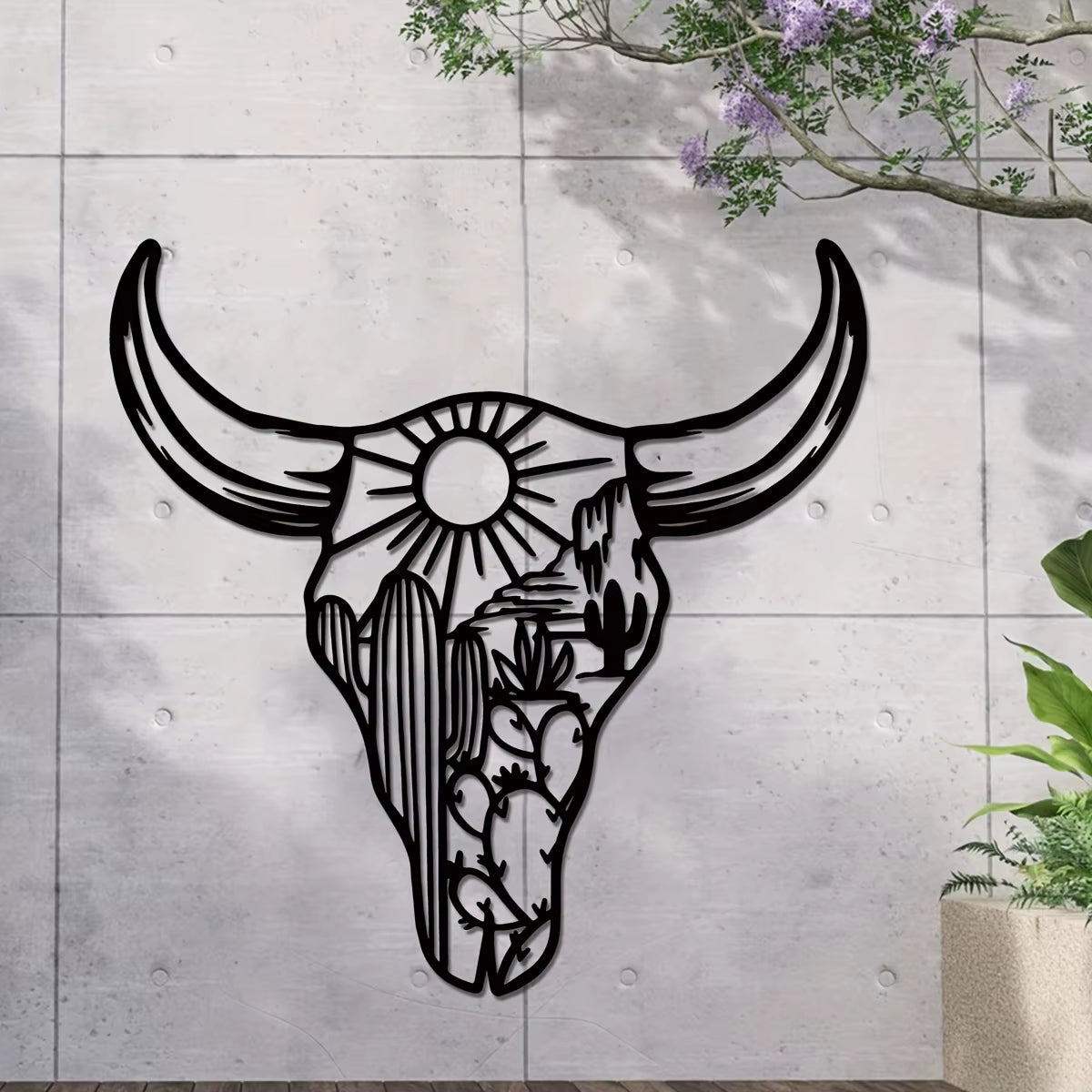 1Pc Decorative Bull Skull Metal Wall Sculpture – Bohemian Long-Horned Water Buffalo Wall Décor, Floral Desert Wall Hanging