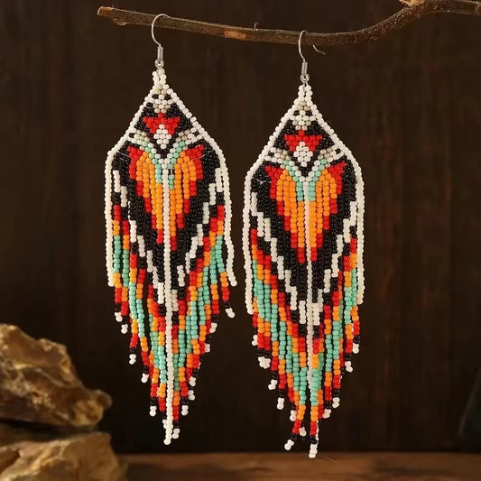 Rice Bead Earrings Tassel Originality Gradient Design Hand Knitting Bohemia Alloy Fashion Simple Beaded Earrings