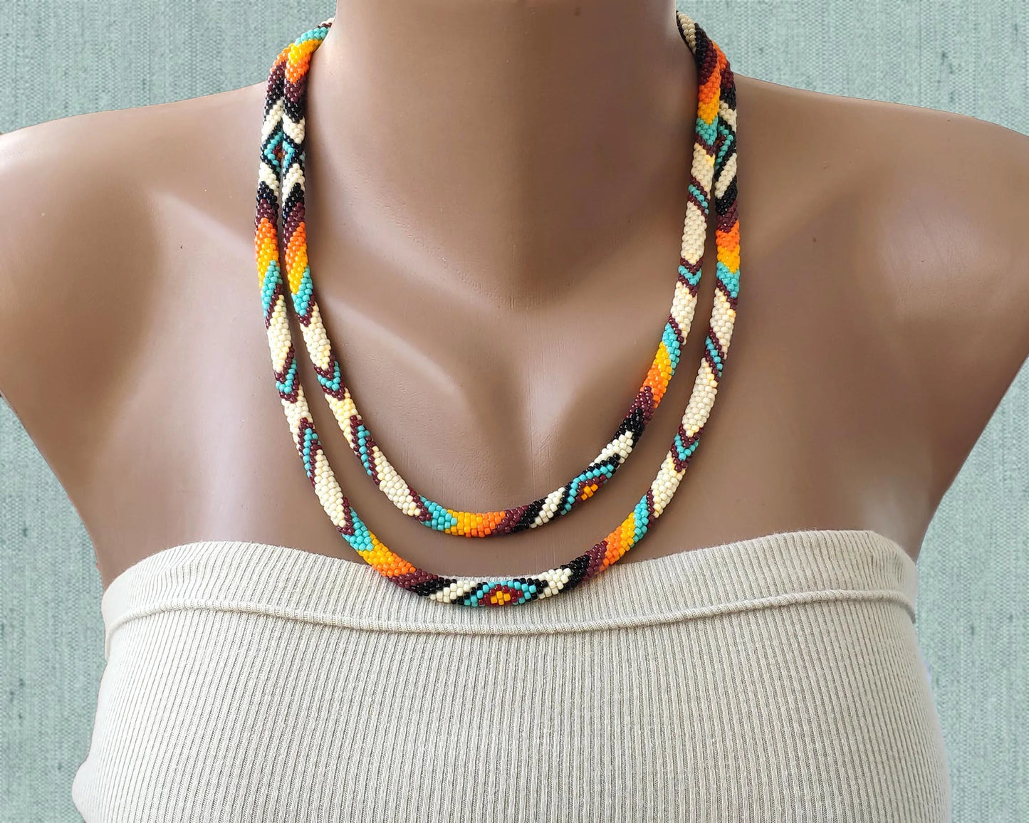 Native Style Thin Rope Necklace, Ethnic Crochet Bead Jewelry, Traditional Colors