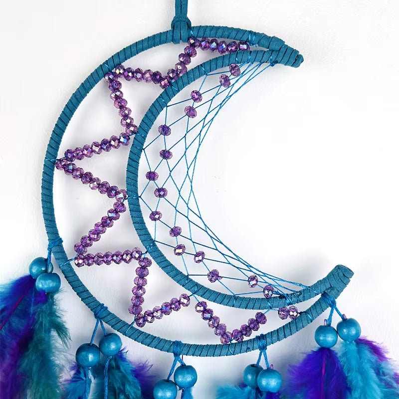Indian Moon Dreamcatcher Wind Chimes Hand-Woven Feather Room Wall Hanging Ornament Creative Car Pendant Birthday Gift Home Decor