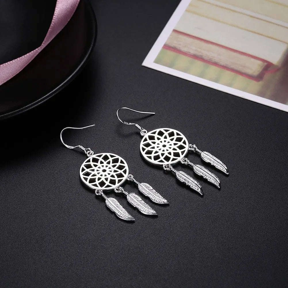 Hot High Quality 925 Sterling Silver Dream Catcher Feathers Earrings for Women Fashion Party Wedding Accessories Jewelry Gifts