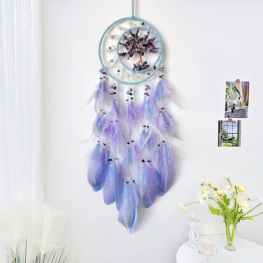 Dream Catcher Crystal Tree of Life Wind Chimes Nordic Hand-Woven Feathers Bedroom Hanging Ornaments Wall Decor Festival Gifts