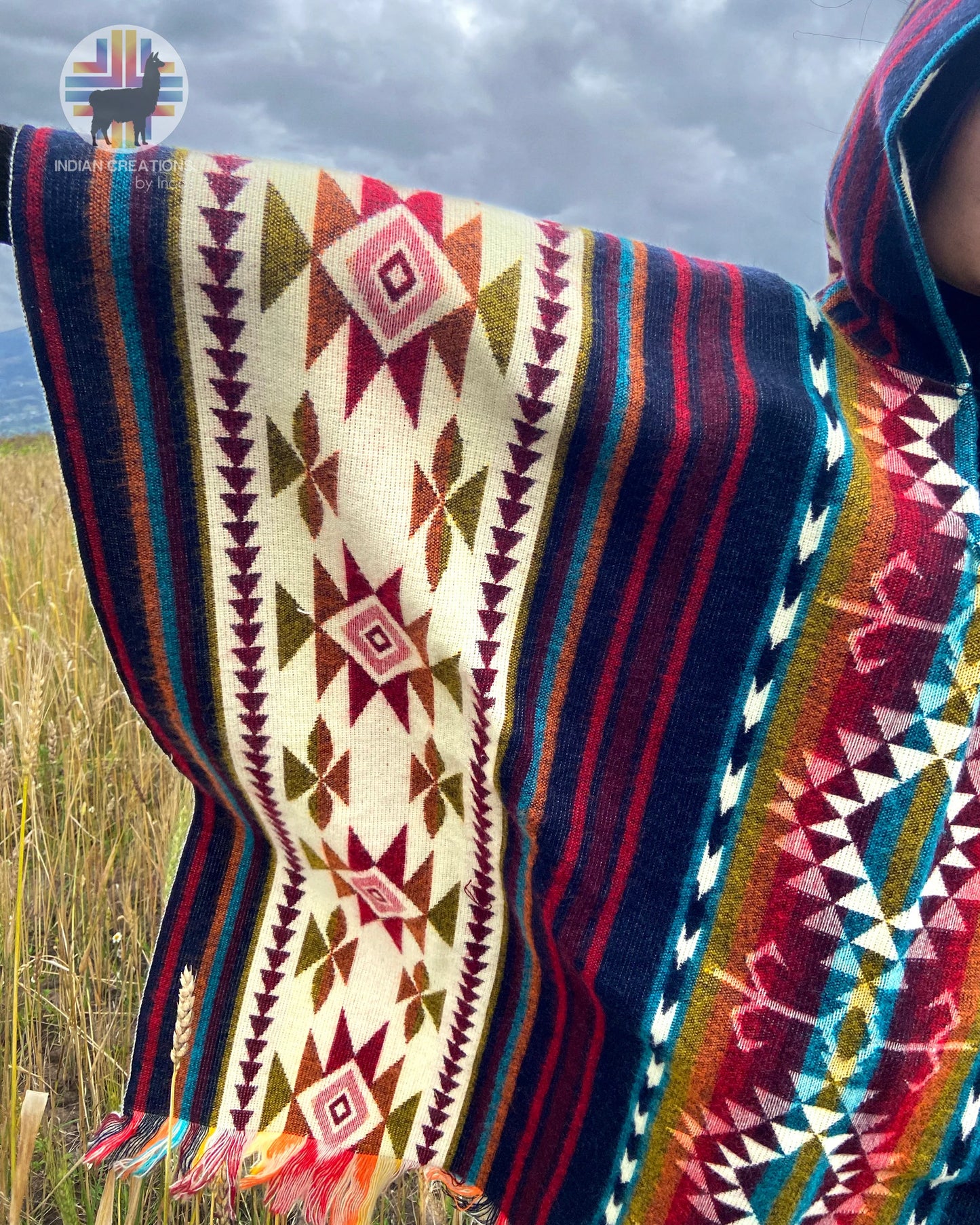 Alpaca Wool Poncho (Blue & Red). Unisex. Exclusive Design! Crafted by Indigenous Hands. One Size, a Hooded Poncho.Free SHIPPING! Gift Ideas.