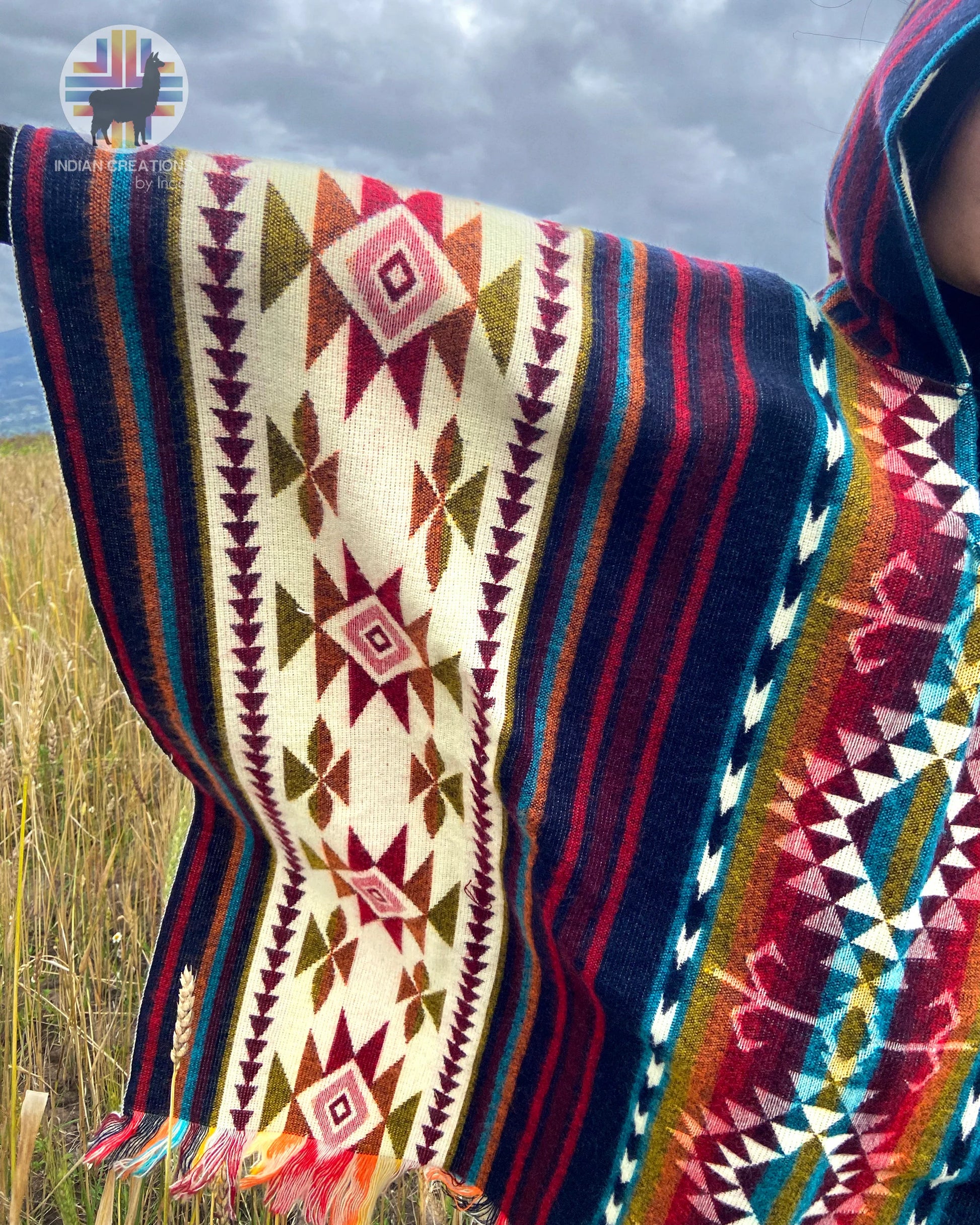 Alpaca Wool Poncho (Blue & Red). Unisex. Exclusive Design! Crafted by Indigenous Hands. One Size, a Hooded Poncho.Free SHIPPING! Gift Ideas.
