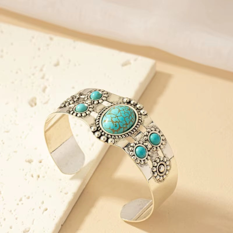 Vintage Bohemian Style Artificial Inlaid Turquoise Cuff Bangle for Women Men Personality Creative Design Bangles Jewelry Gift