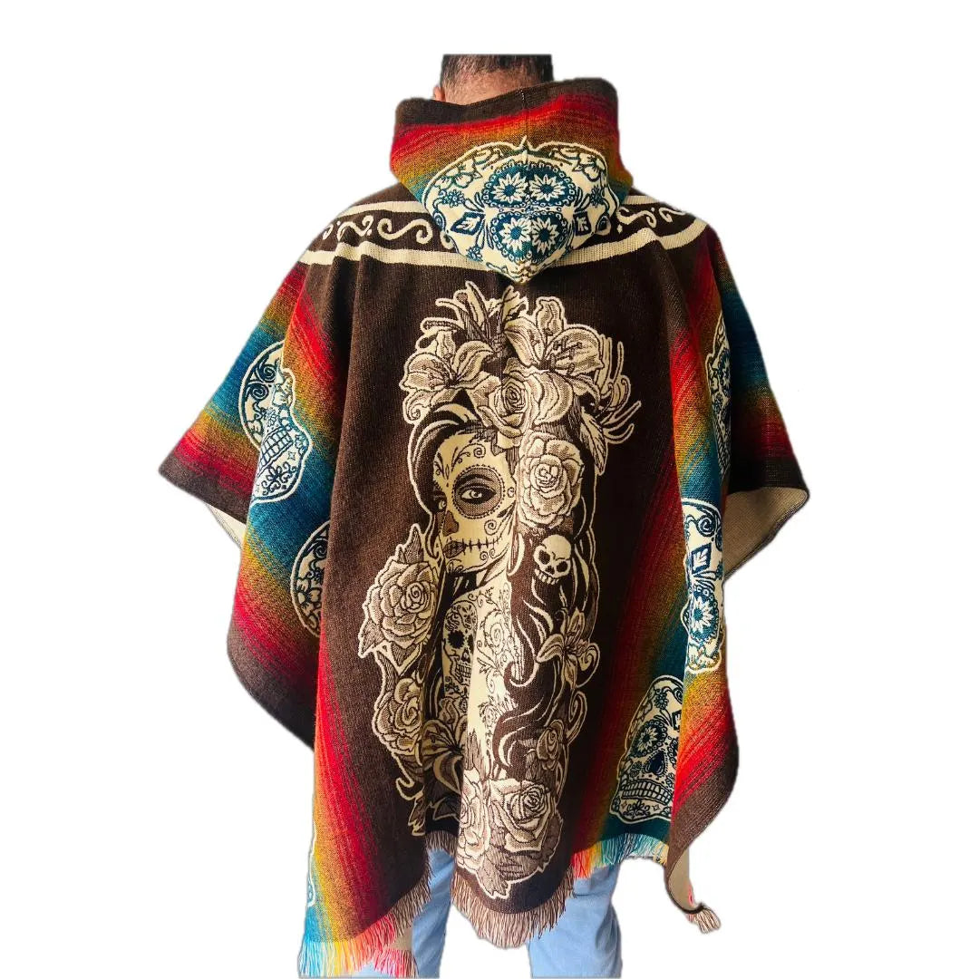 Alpaca Handmade Poncho | Catrina Skull Mexican Day of the Dead | Men or Women | Genuine Alpaca Wool One Size