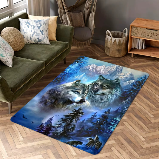 Wolf & Winter Forest Flannel Mat - Non-Slip Machine Washable Rug for Bedroom, Living Room & Bathroom, Cozy Home Decor