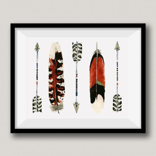 Feathers and Arrows Watercolor Painting, Wall Art, Native American Art, Flint, Wall Decor, Nursery Decor, Tribal Art.