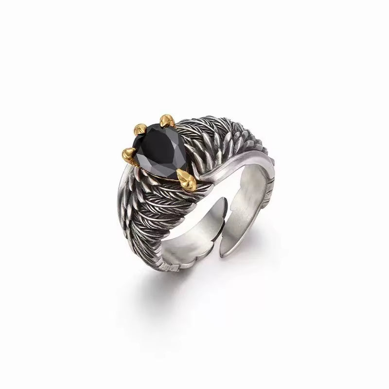 925 Sterling Silver Elegant Luxury Jewelry Black Zircon Eagle Adjustable Rings for Women Couple Accessories Jewellery Money 925