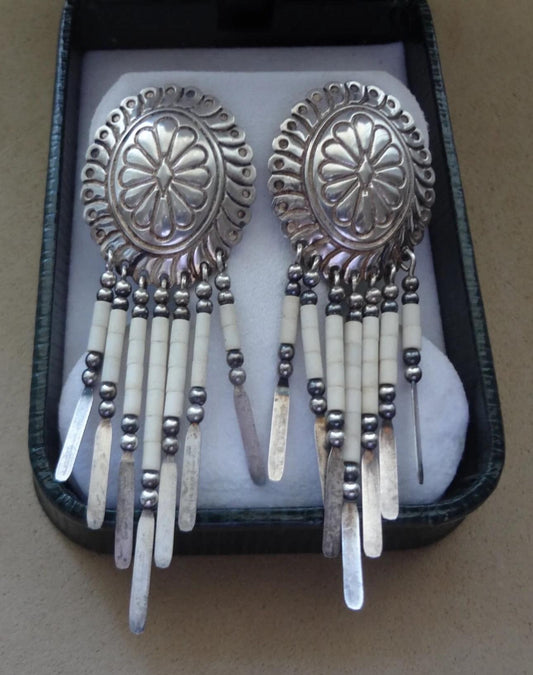 Native American Hammered Sterling Silver Earrings with White Beaded Tassels