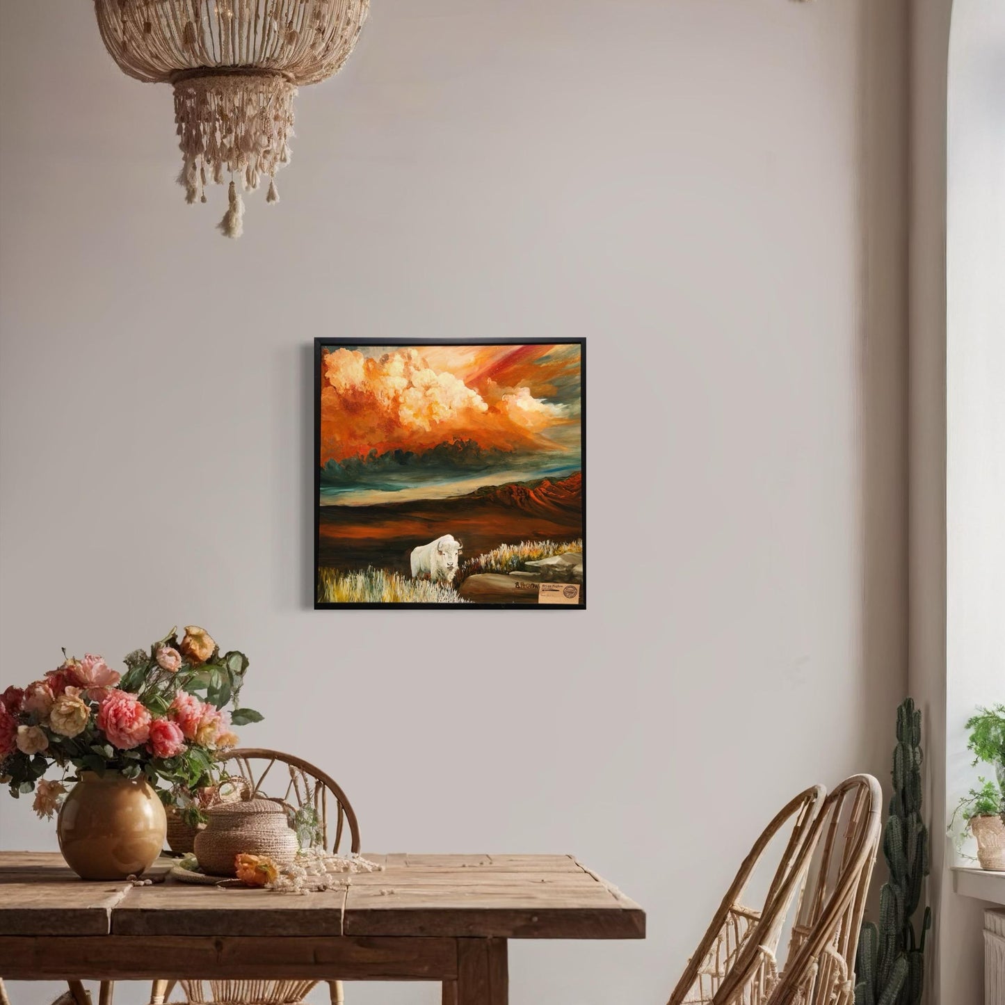 Original Oil Painting Print, Solitary White Buffalo Cresting Hill above the Prairie, Storm Clouds Burst over Mountains, Buffalo Roams Plains