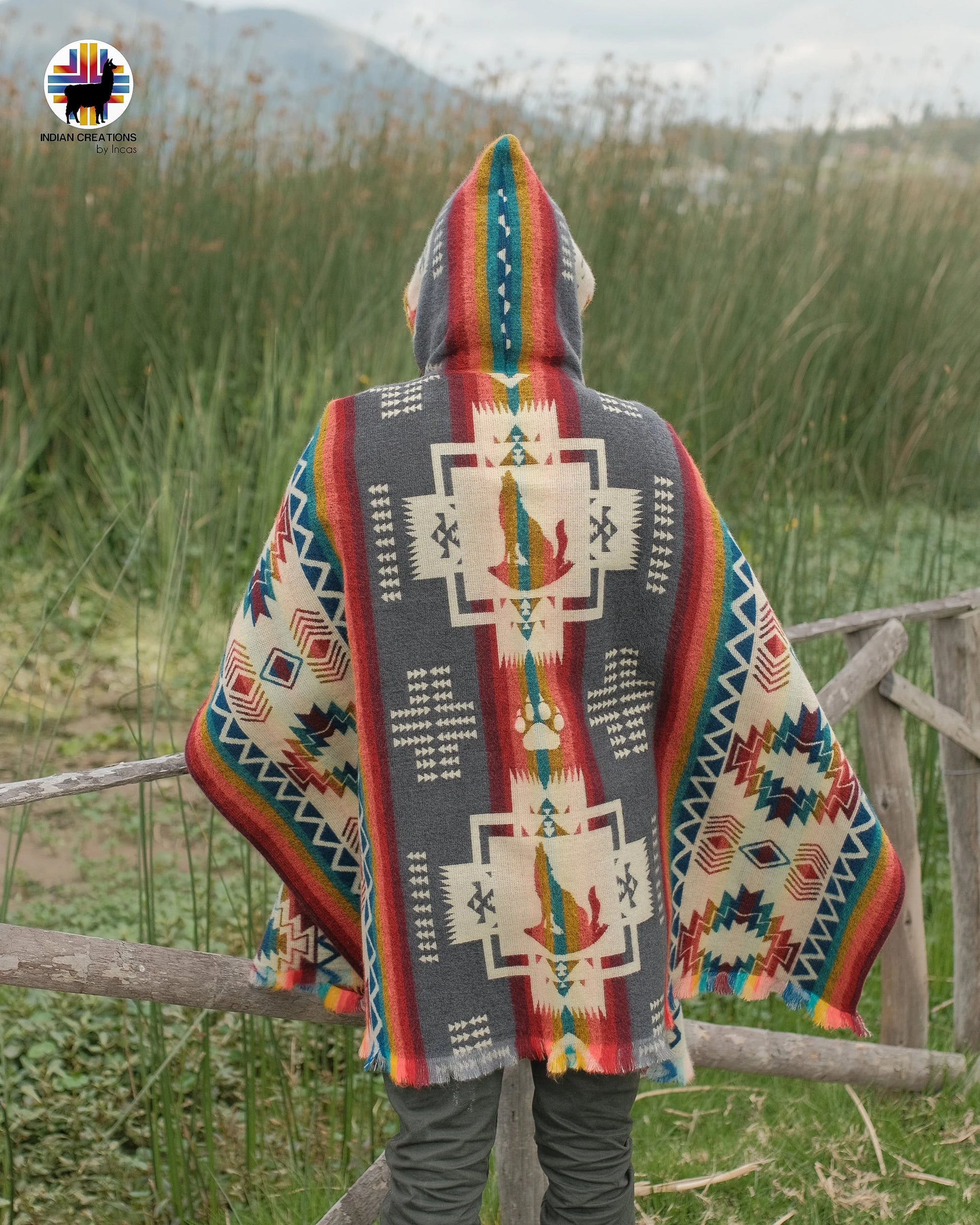 Unisex Alpaca Wool Poncho. (Gray Wolf Spirit) Exclusive Handcrafted by Indigenous Hands! Unisex. One Size. FREE SHIPPING! Gift Ideas.