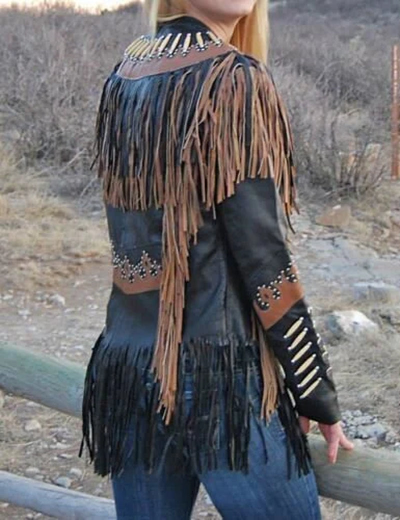 Women Native American Western Cowboy Real Leather Jacket Contrast Fringe & Bead SWJ-005