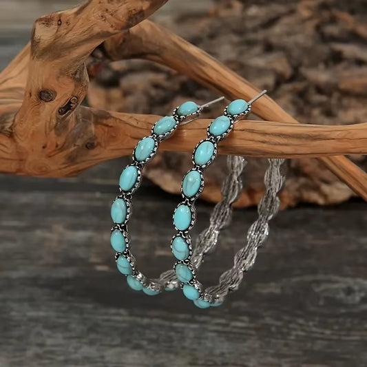 Western Jewelry Bohemian Vintage Simulated Turquoise C-Shaped Large Circle Earrings for Women Girls