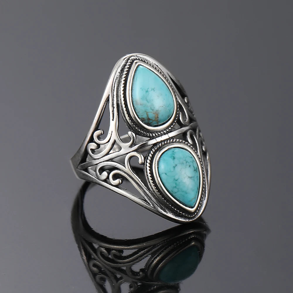 Vintage Natural Turquoise Rings for Women Men Retro Original Design Bohemian Ring S925 Silver Gemstone Female Fine Jewelry Gifts