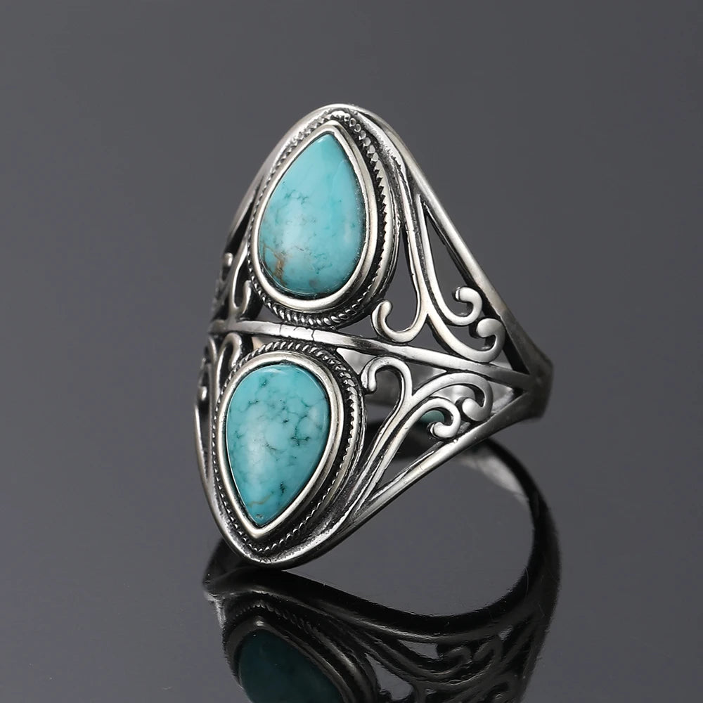 Vintage Natural Turquoise Rings for Women Men Retro Original Design Bohemian Ring S925 Silver Gemstone Female Fine Jewelry Gifts