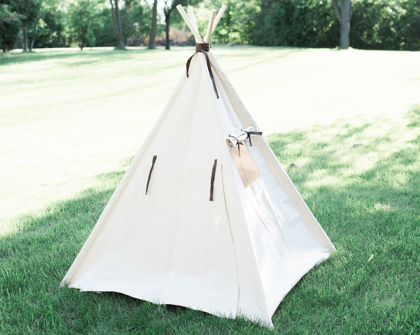 Kids Canvas Teepee Play Tent with Roll up Door and Window, Two Great Sizes, with Blue Arrows or Natural Mat