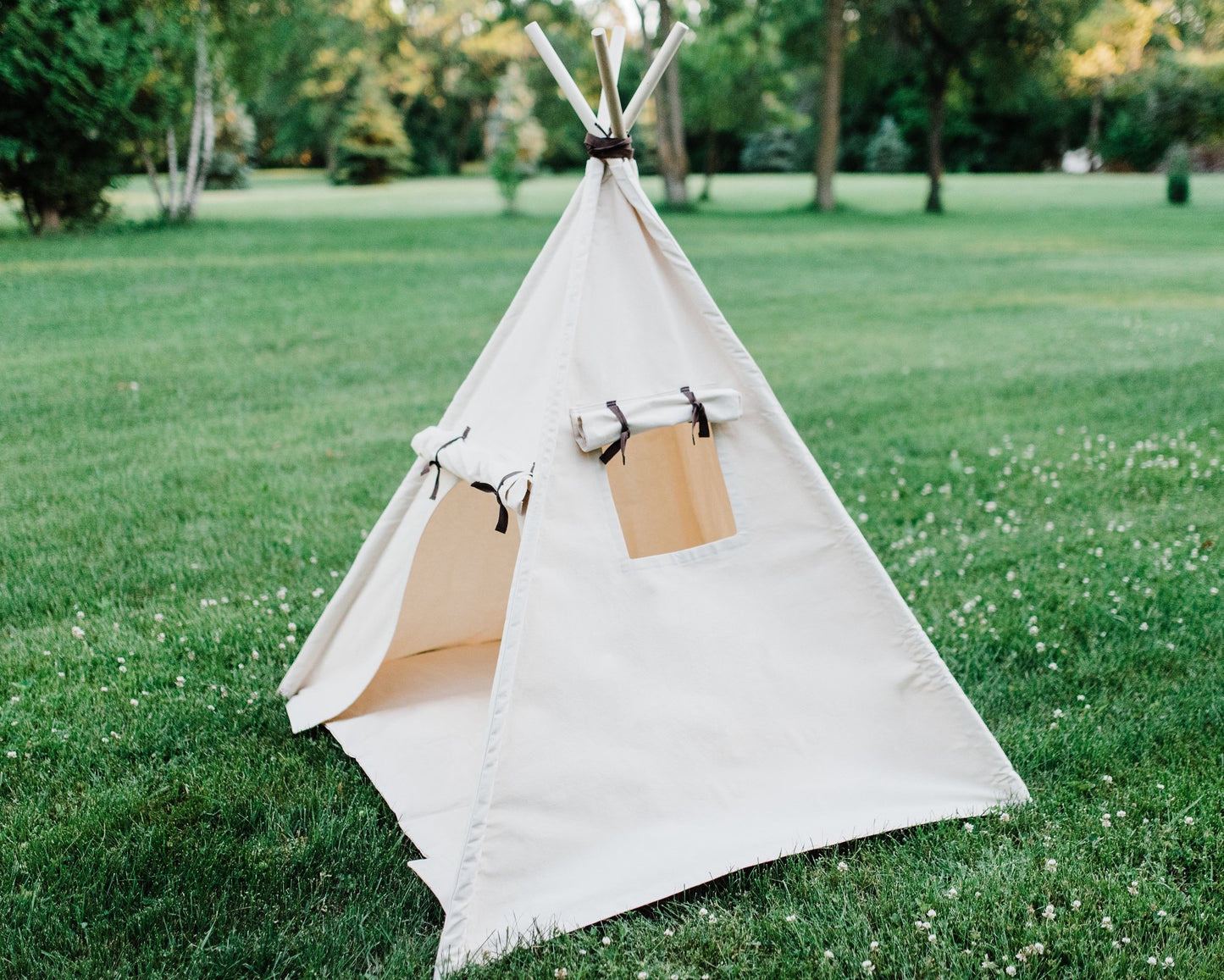 Kids Canvas Teepee Play Tent with Roll up Door and Window, Two Great Sizes, with Blue Arrows or Natural Mat