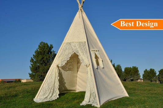 Flora Ivory Lace Canvas Kids Teepee, Play Teepee, Lace Teepee, Kids Play Tent, Childrens Play House, Tipi,Kids Room Decor